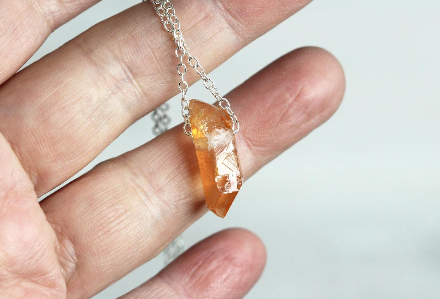 Tangerine Quartz Necklace - Raw Crystal Pendant - Beaded Stone