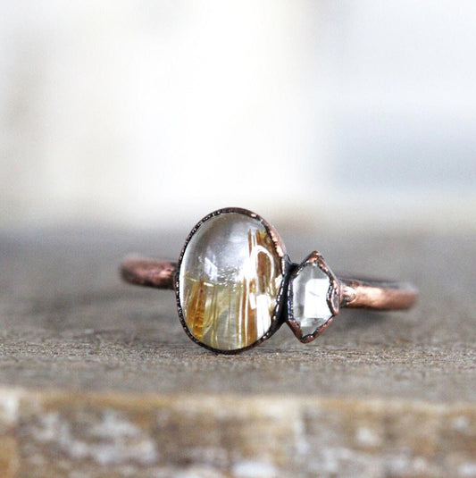 Rutilated Quartz Ring - Polished Golden Rutilated Cabochon - Herkimer Diamond