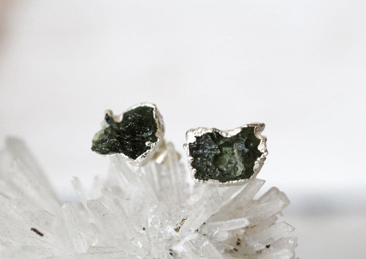 Moldavite Earrings - Sterling Silver Posts - Green Crystal Stud Earrings - Gold Moldavite Posts