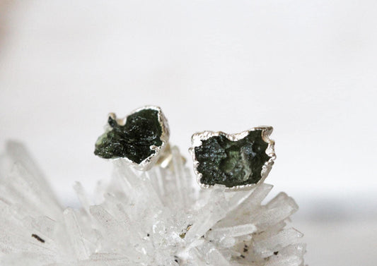 Moldavite Earrings - Sterling Silver Posts - Green Crystal Stud Earrings - Gold Moldavite Posts