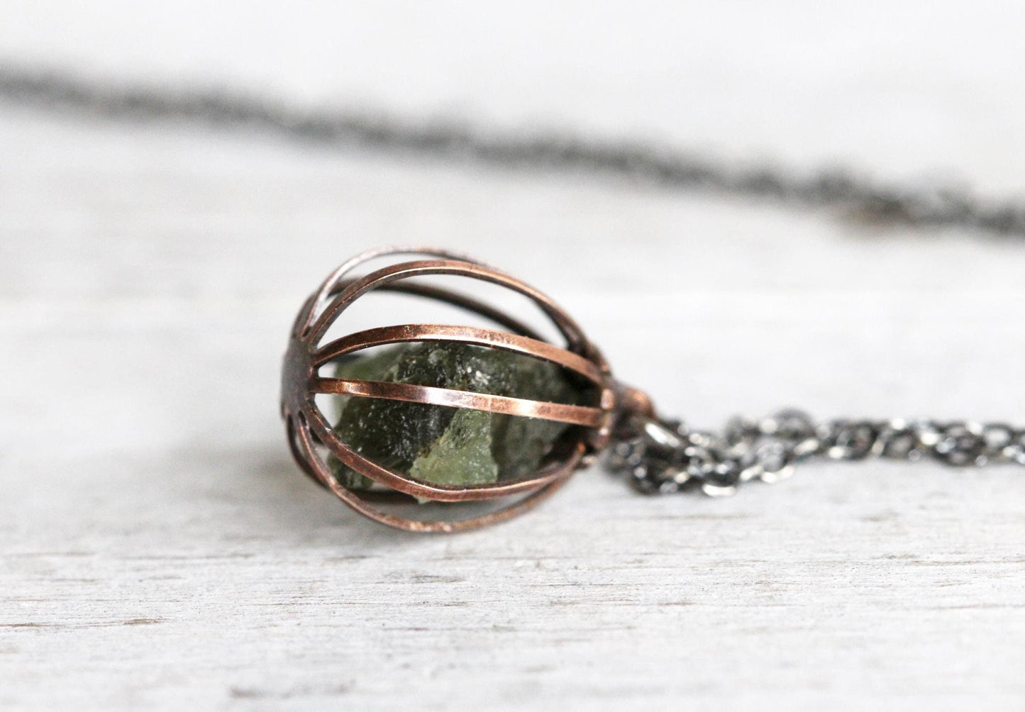 Moldavite Pendant - Vintage Cage Necklace - Mixed Metal Jewelry