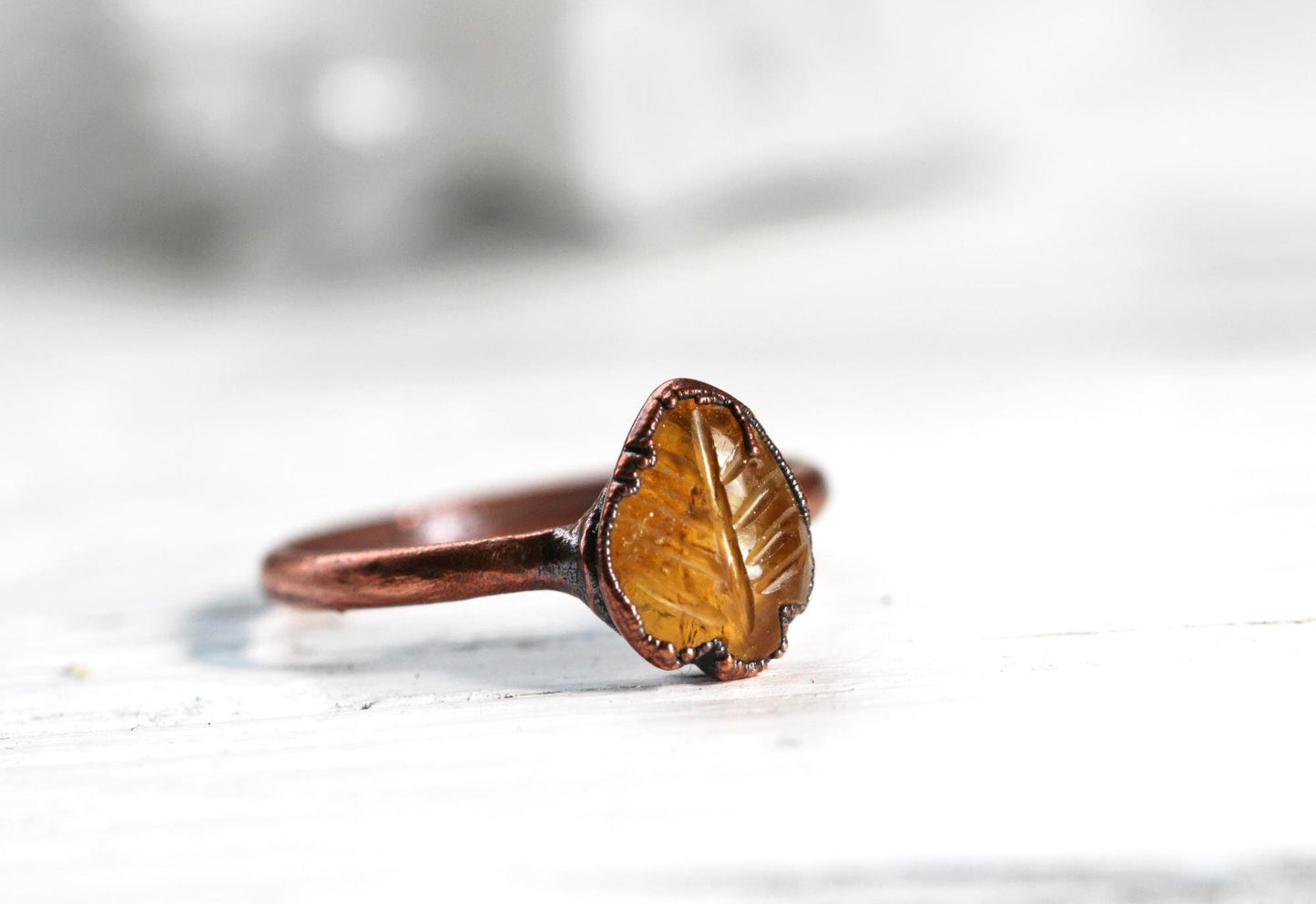 Citrine Leaf Ring - Carved Stone - Crystal Ring - November Birthstone Jewelry