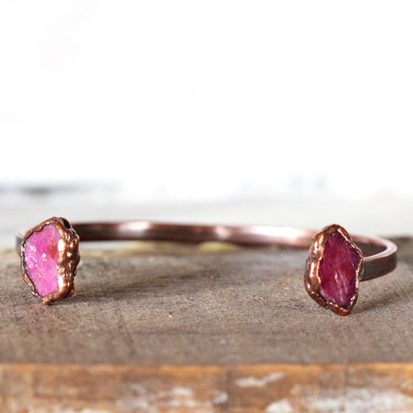 Raw Ruby Bracelet - July Birthstone - Open Copper Cuff - Raw Crystal Bracelet - Double Stone Bracelet