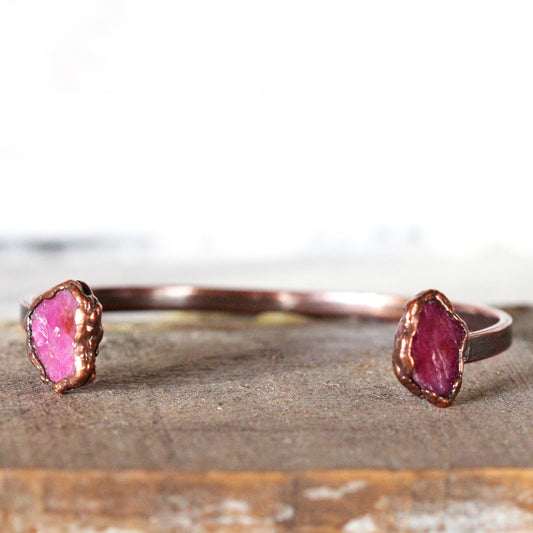 Raw Ruby Bracelet - July Birthstone - Open Copper Cuff - Raw Crystal Bracelet - Double Stone Bracelet