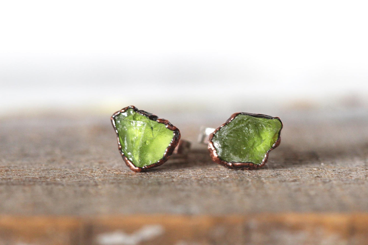 Peridot Earrings - Sterling Silver Studs - August Birthstone Jewelry - Electroformed Post Earrings