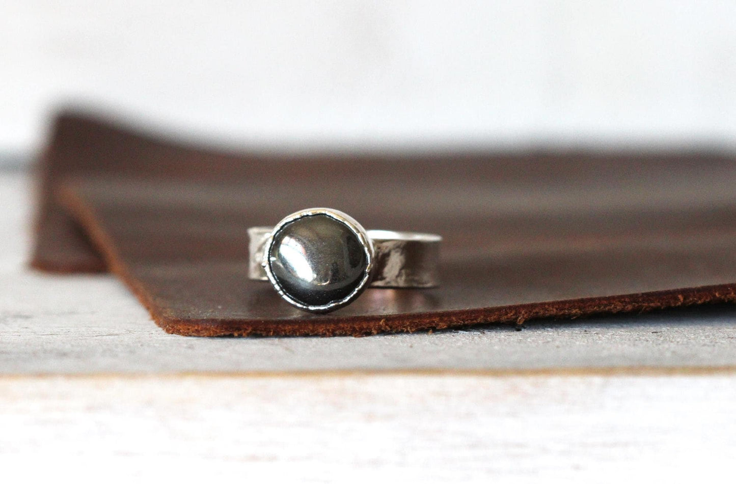 Tumbled Hematite Ring - Silver Grey Stone Ring - Men's Jewelry