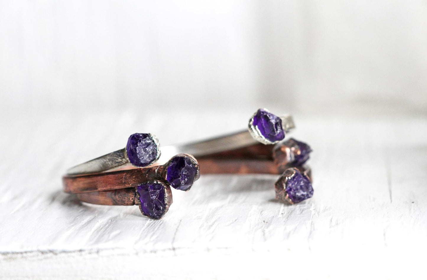 Raw Amethyst Bracelet - February Birthstone - Open Copper Cuff - Raw Crystal Bracelet - Double Stone Bracelet