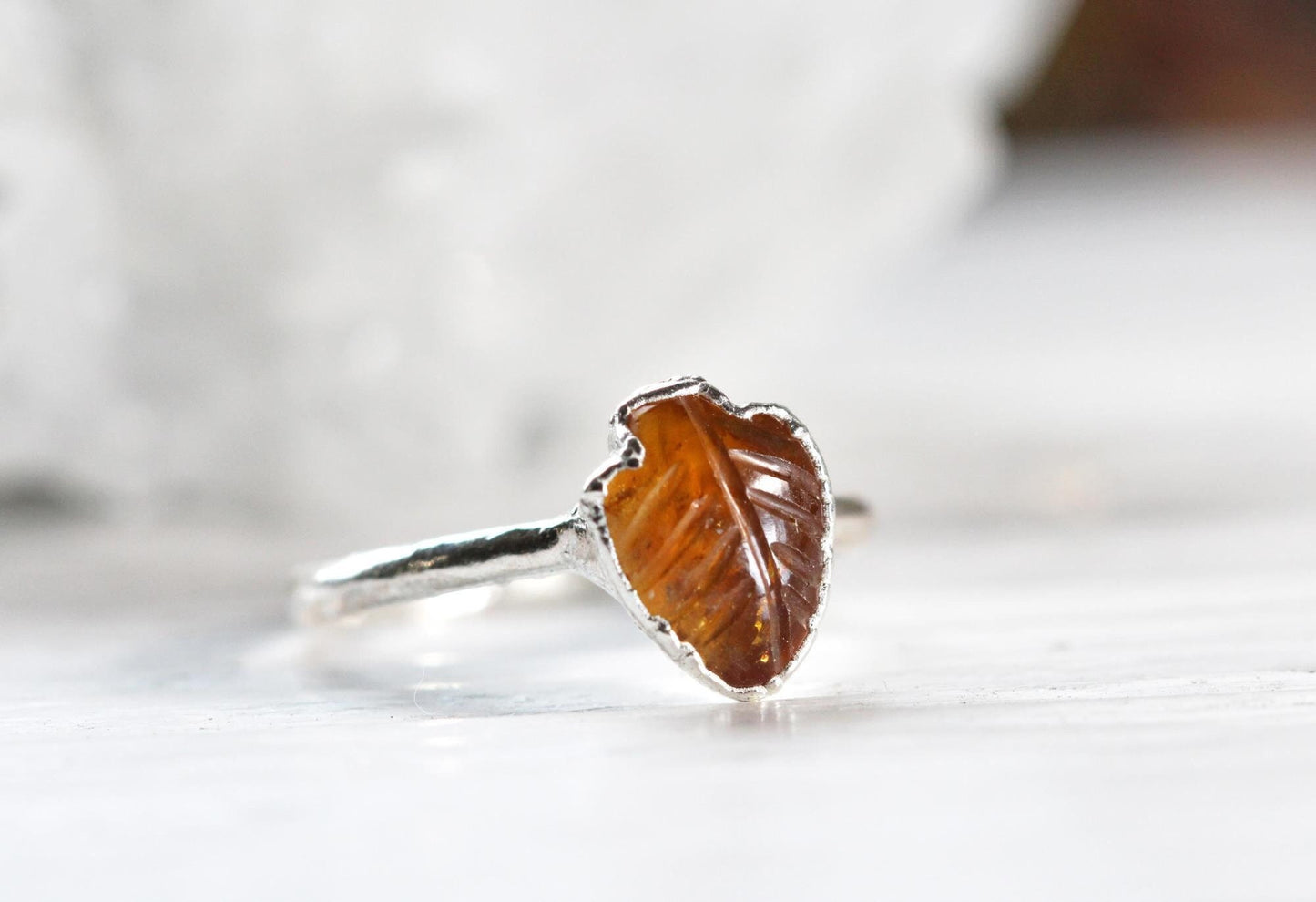 Citrine Leaf Ring - Carved Stone - Crystal Ring - November Birthstone Jewelry