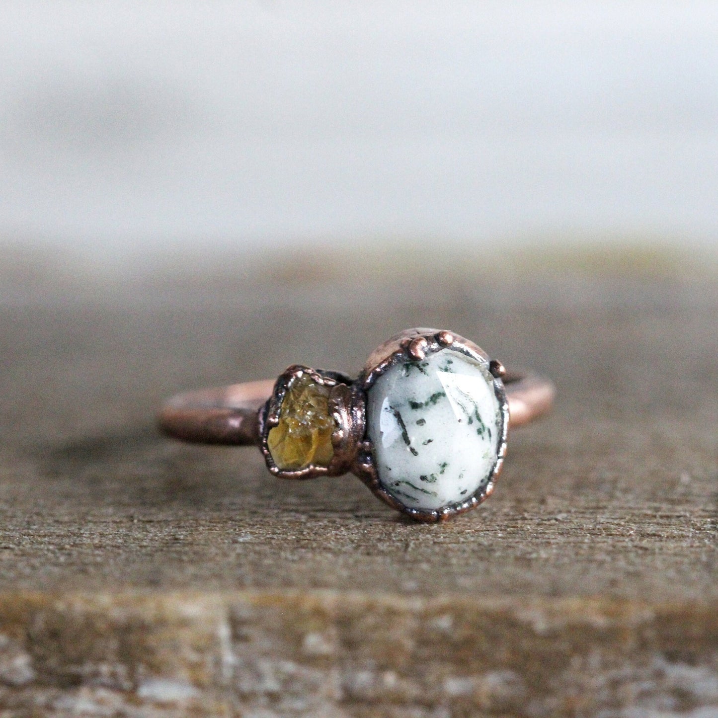 Moss Agate Ring - Double Stone - Raw Citrine