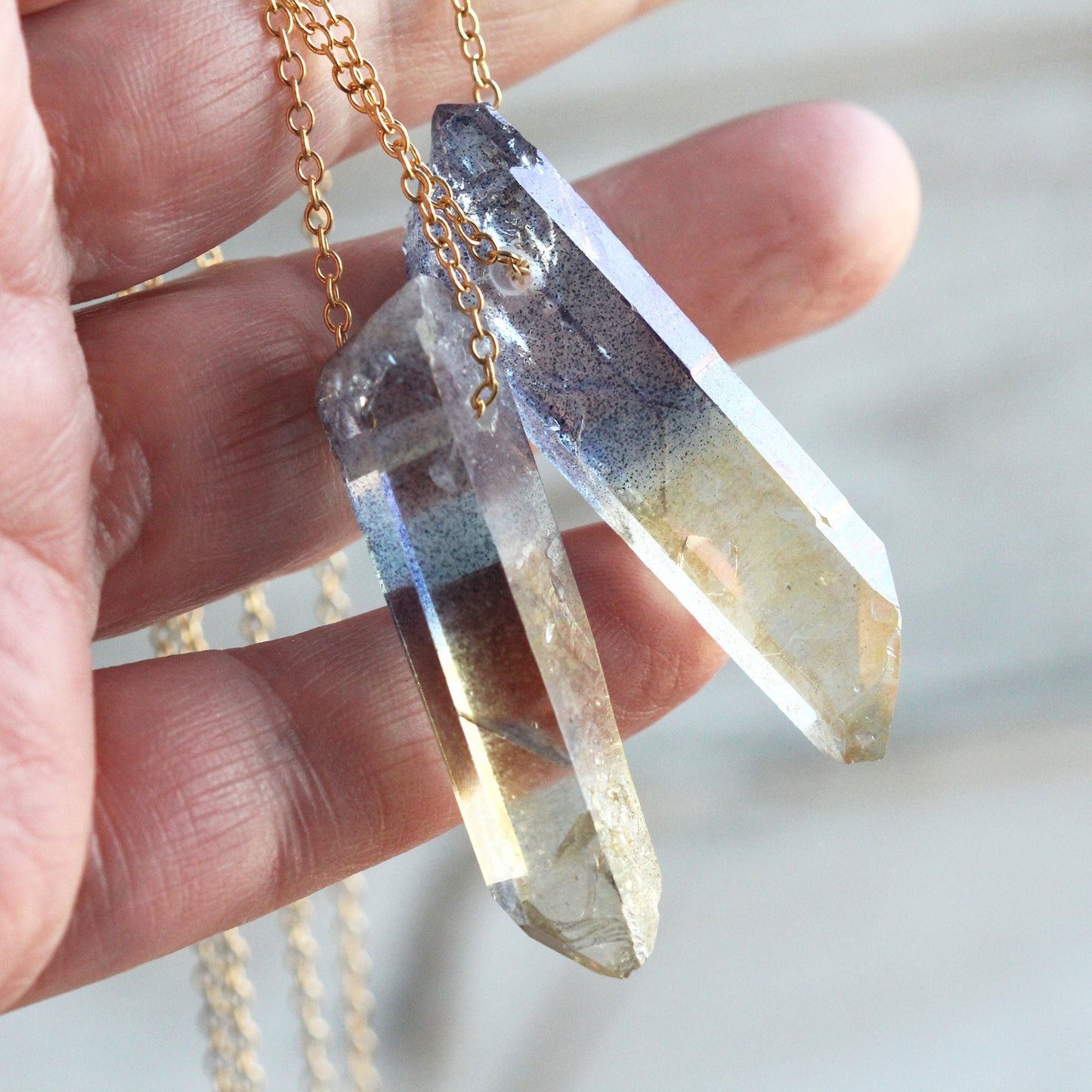 Aura Crystal Pendant - Sterling Silver Chain - Hybrid Quartz Necklace - Yellow Aura - Blue Aura Necklace