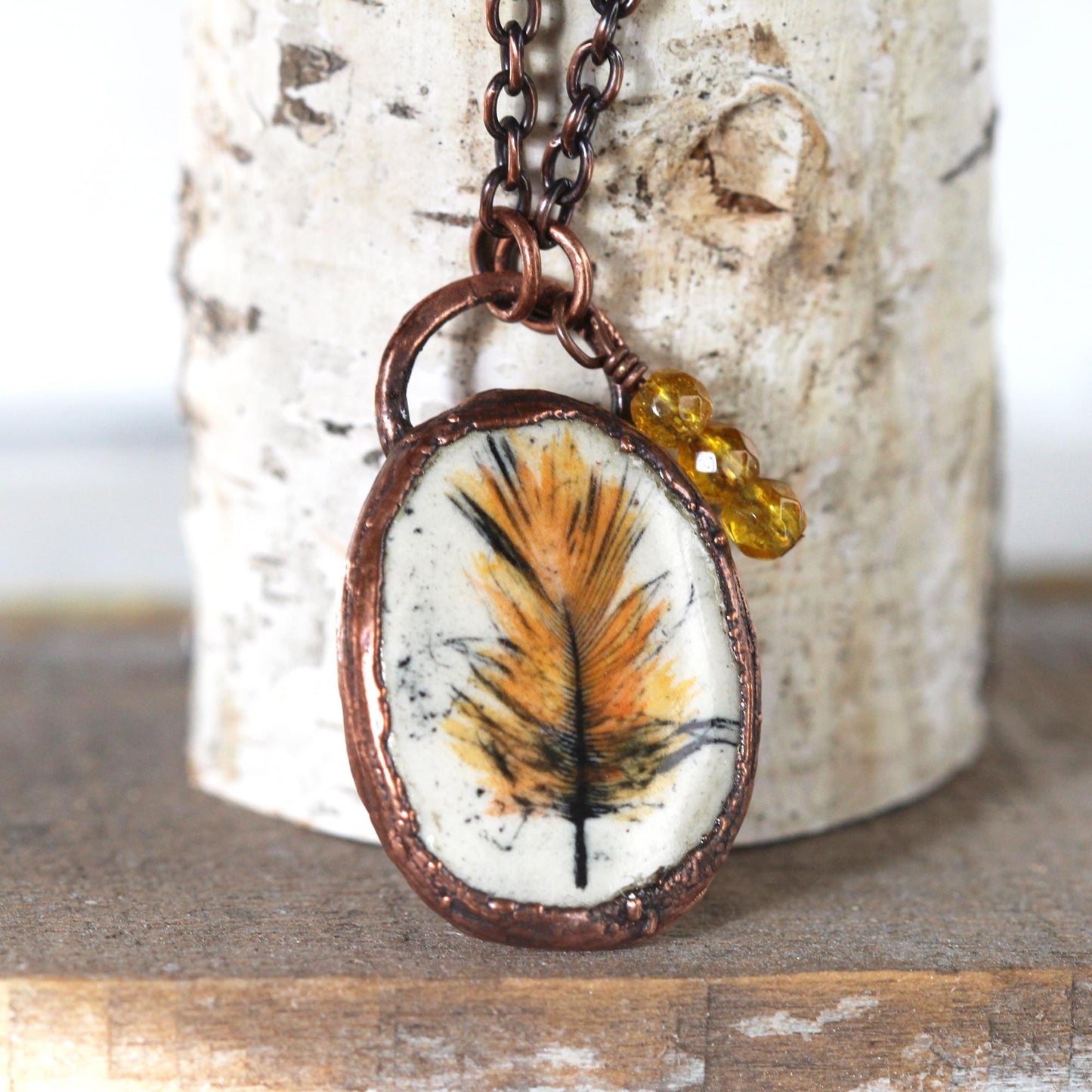 Ceramic Necklace - Feather Pendant - Citrine Jewelry