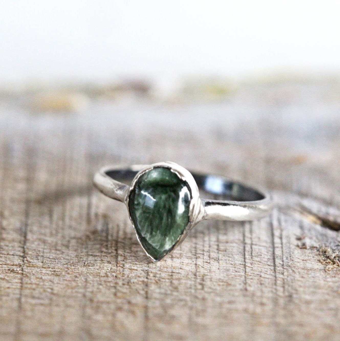 Seraphinite Ring - Electroformed Stacking Ring - Teardrop Stone
