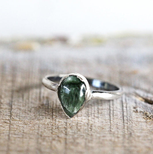 Seraphinite Ring - Electroformed Stacking Ring - Teardrop Stone