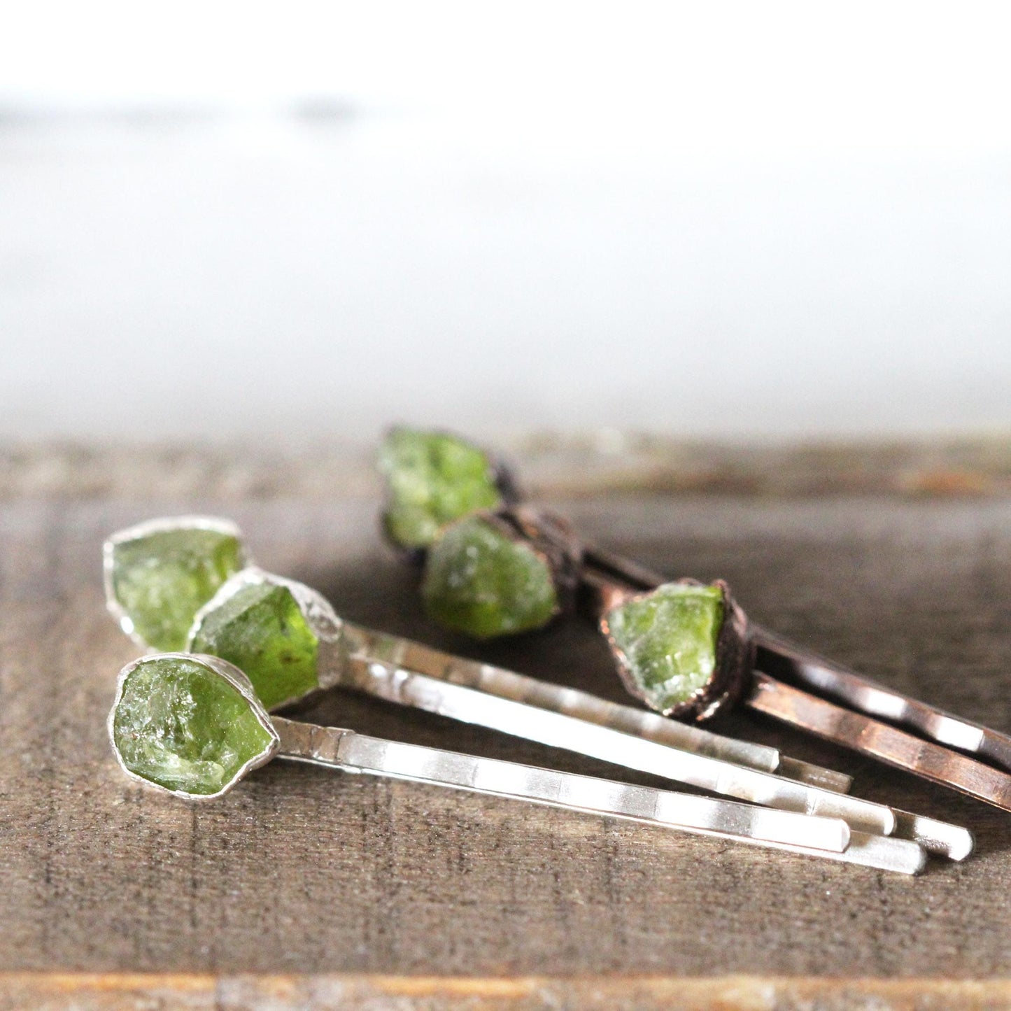 Stone Bobby Pin - Peridot Hair Pin - Copper Electroformed Jewelry - Hair Accessory