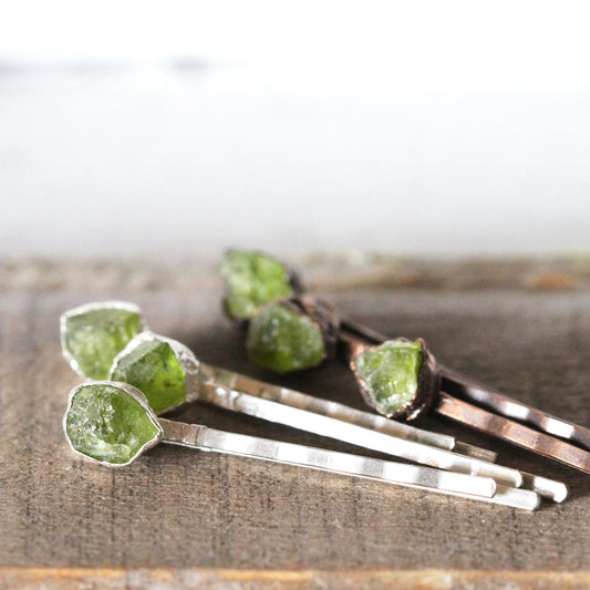 Stone Bobby Pin - Peridot Hair Pin - Copper Electroformed Jewelry - Hair Accessory
