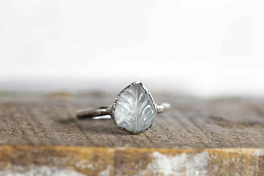 Aquamarine Leaf Ring - Carved Crystal - March Birthstone Jewelry