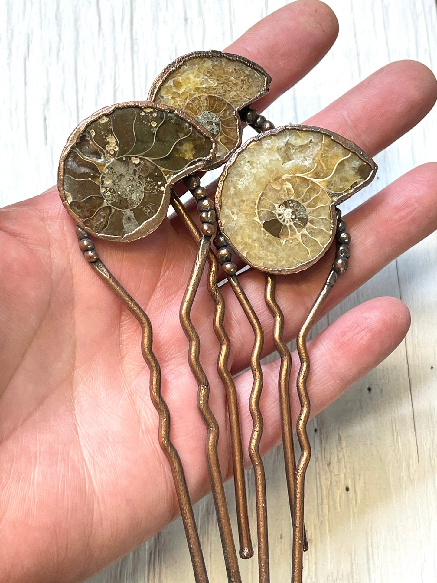 Ammonite Hair Fork - Copper Hair Jewelry - Fossilized Hair Accessory
