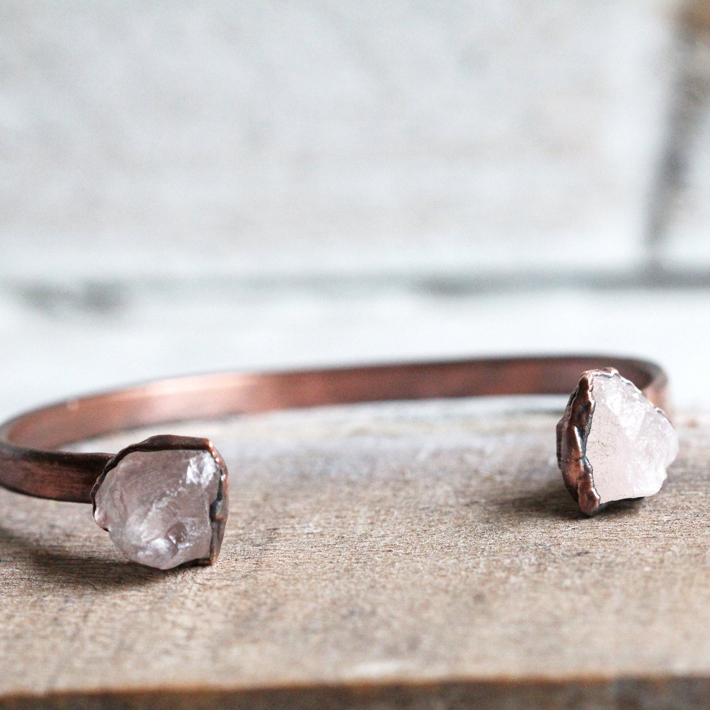 Rose Quartz Bracelet - Open Copper Cuff - Raw Crystal Bracelet - Double Stone Bracelet