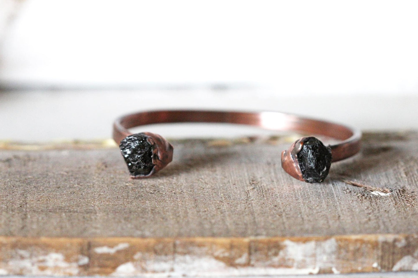 Black Tourmaline Bracelet - Open Copper Cuff - Raw Crystal Bracelet - Double Stone Bracelet