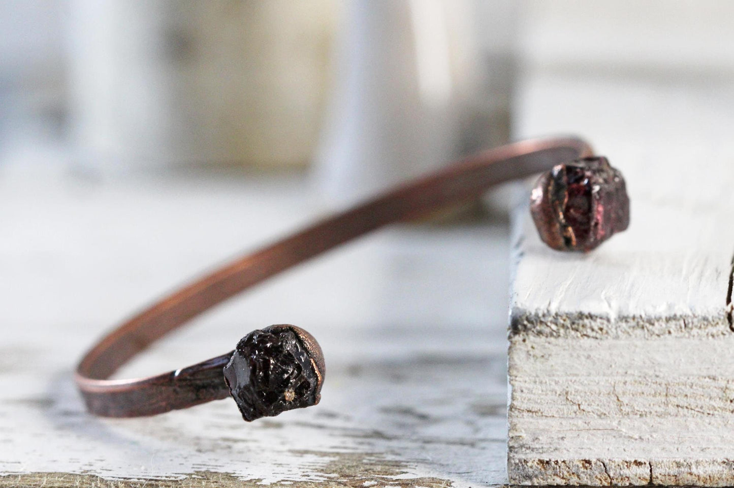 Raw Garnet Bracelet - January Birthstone - Open Copper Cuff - Raw Crystal Bracelet - Double Stone Bracelet
