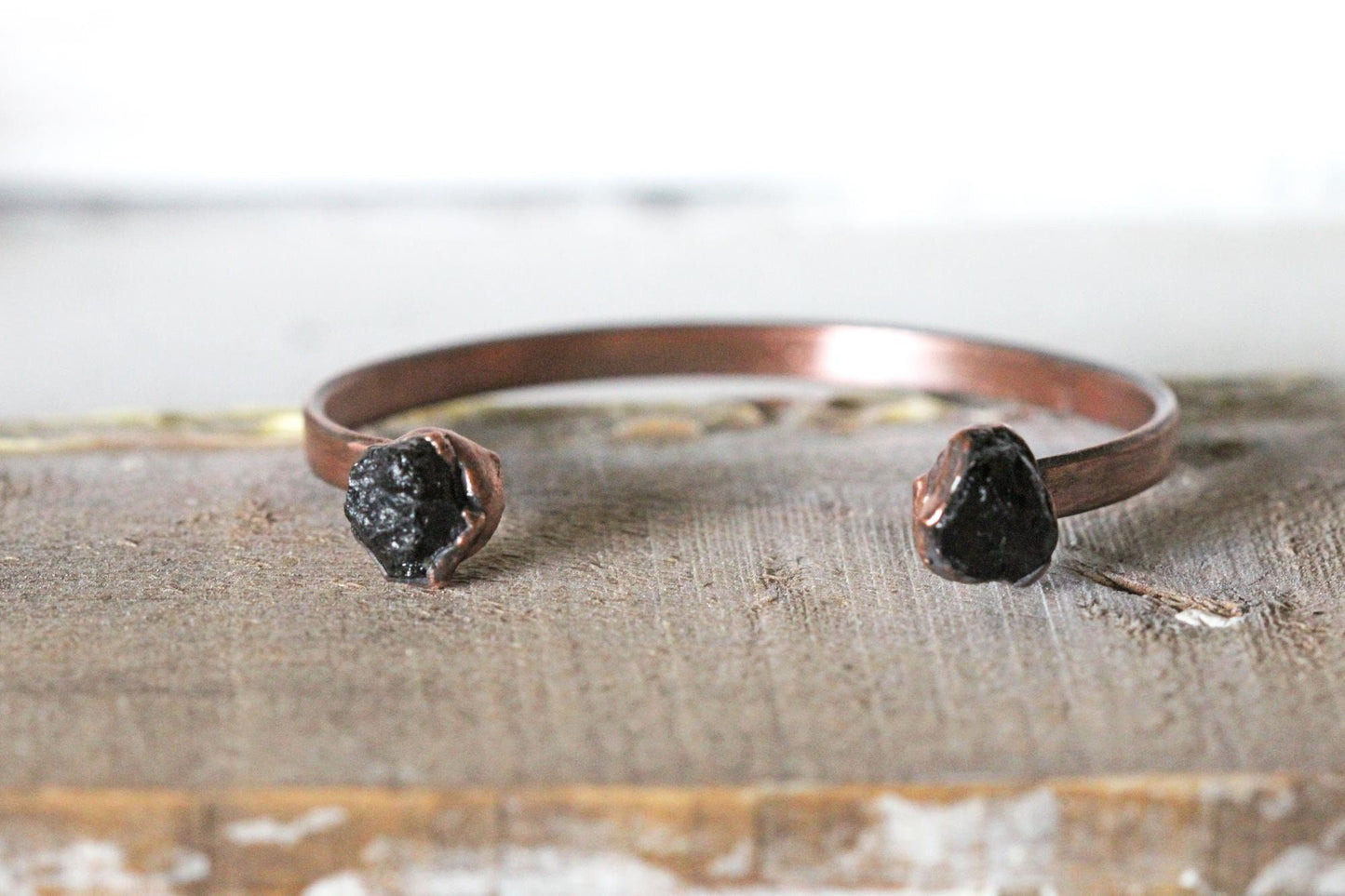 Black Tourmaline Bracelet - Open Copper Cuff - Raw Crystal Bracelet - Double Stone Bracelet