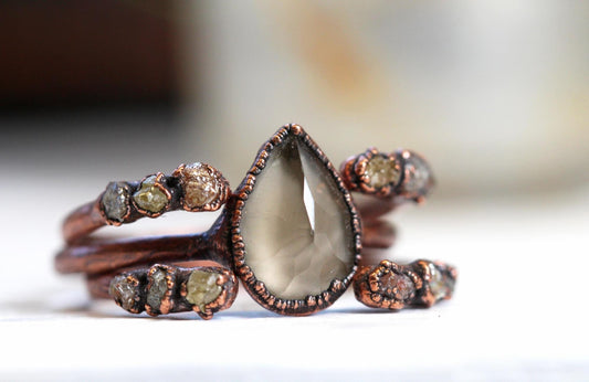 Raw Diamond Wedding Set - Engagement Set - Alternative Wedding Jewelry - Faceted Smoky Quartz Ring