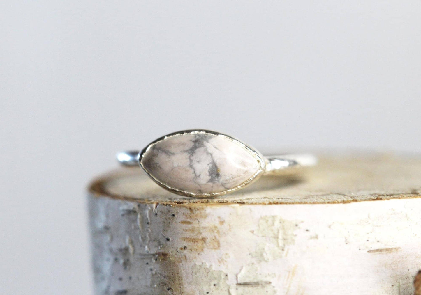 Howlite Ring - Simple Stone Stacker - Marquise Cabochon - Electroformed Stone