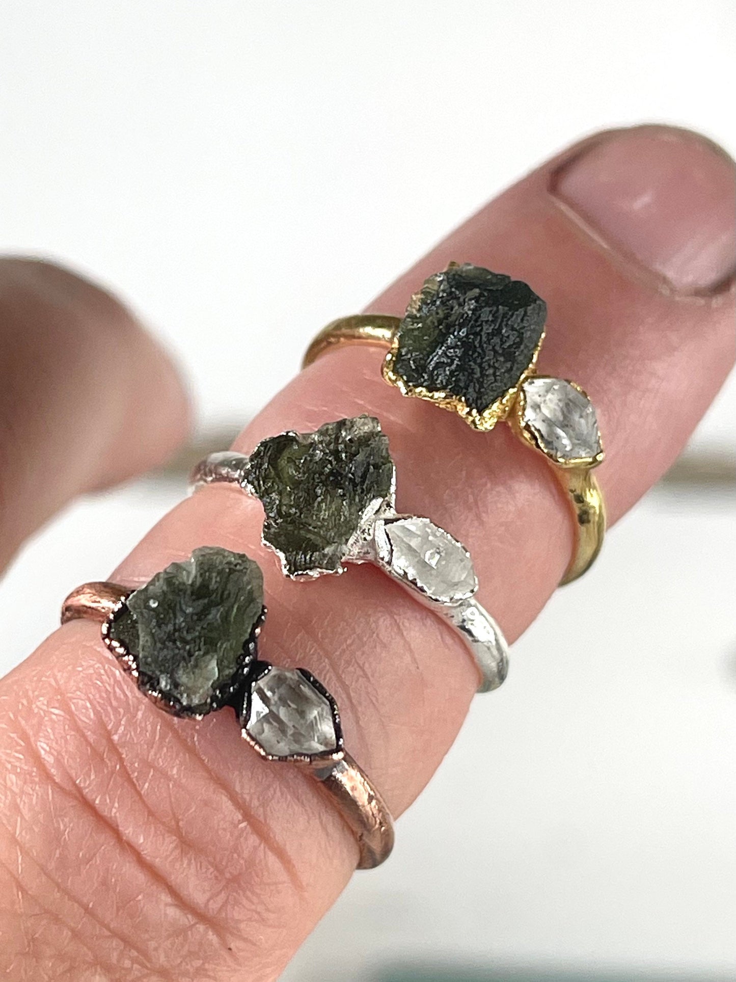 Moldavite Ring - Herkimer Diamond - Natural Green Crystal - Tektite Jewelry