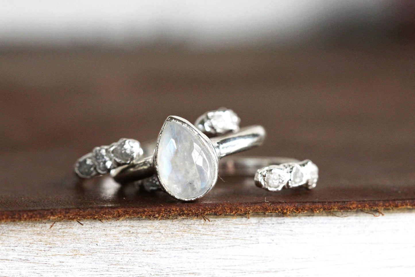 Moonstone Engagement Set - Raw White Diamond Ring - Alternative Wedding Jewelry