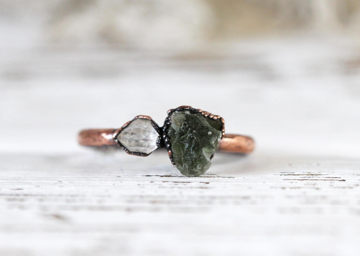 Moldavite Ring - Herkimer Diamond - Natural Green Crystal - Tektite Jewelry