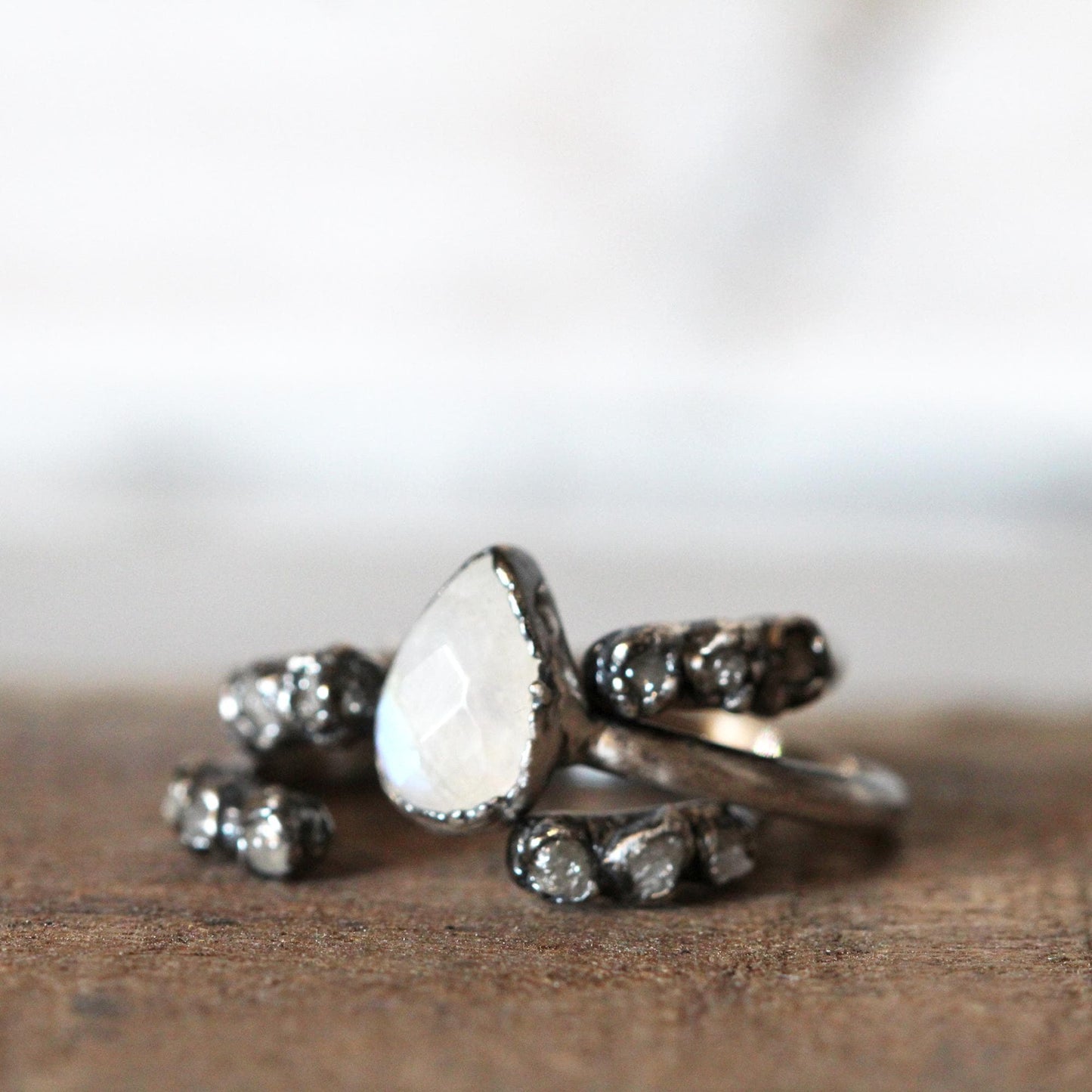 Moonstone Engagement Set - Raw White Diamond Ring - Alternative Wedding Jewelry