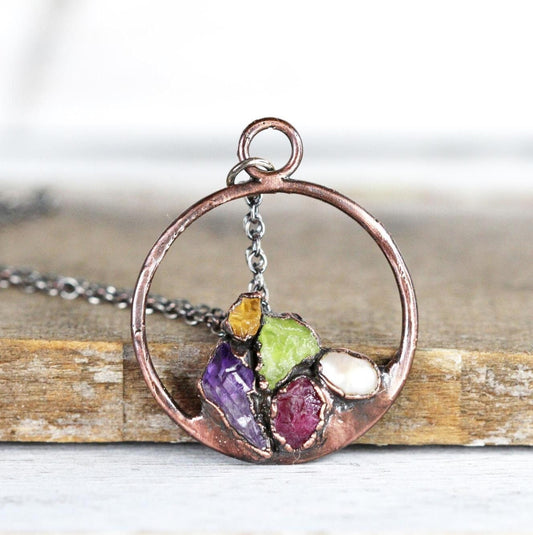 Personalized Mothers Day Necklace - Circle Necklace - Raw Stone Cluster Pendant - Birthstone Necklace