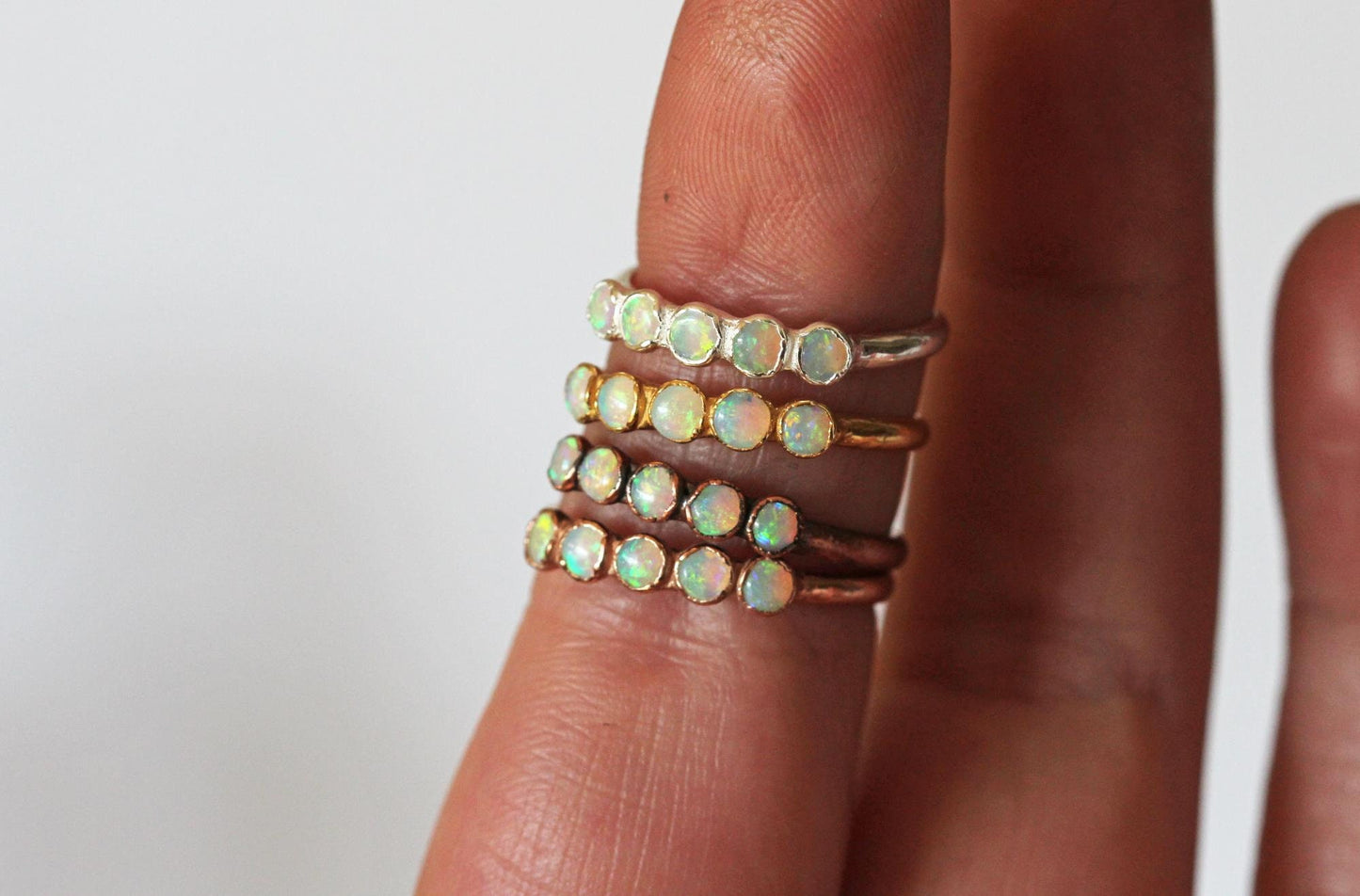 Australian Opal Ring - Multi Stone Stacking Ring - October Birthstone