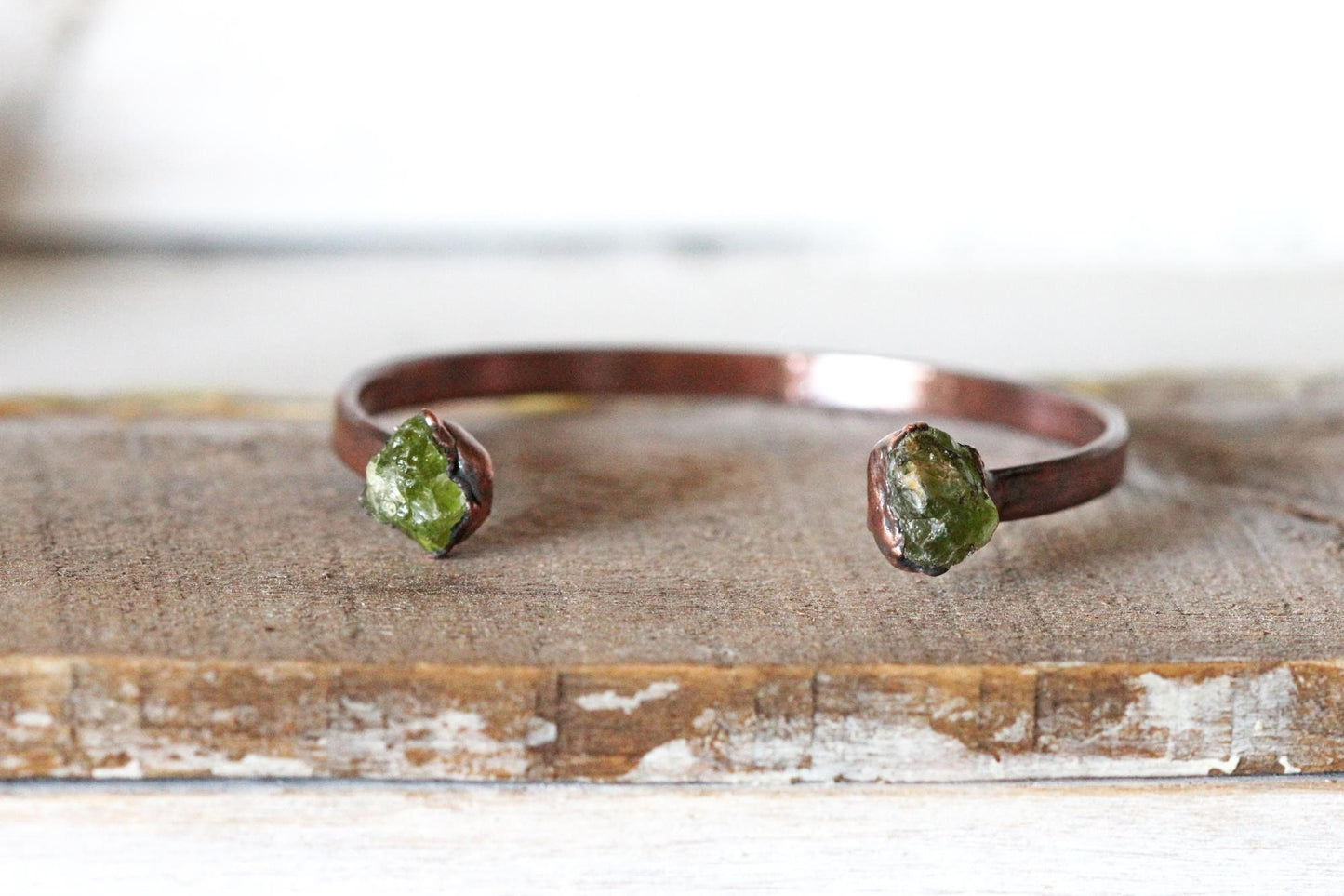 Raw Peridot Bracelet - August Birthstone - Open Copper Cuff - Raw Crystal Bracelet - Double Stone Bracelet