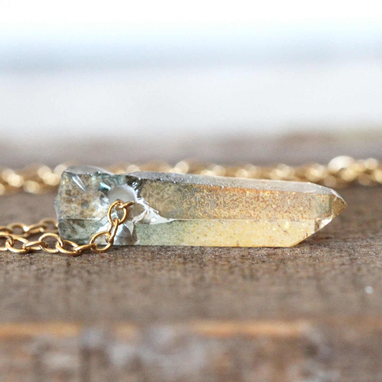 Aura Crystal Pendant - Gold Filled Chain - Hybrid Quartz Crystal - Green Aura - Yellow Aura Necklace
