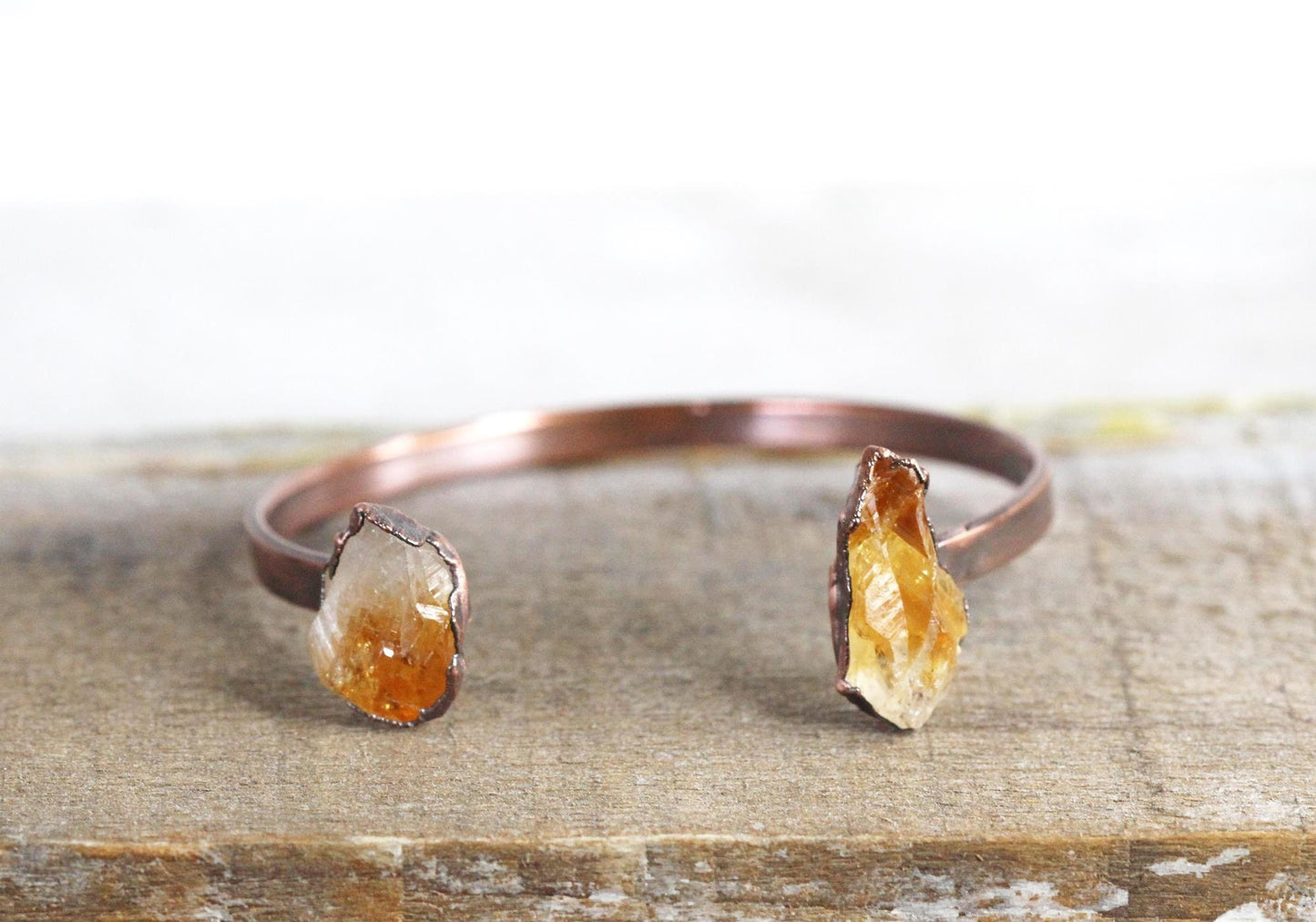 Citrine Bracelet - Open Copper Cuff - Raw Crystal Bracelet - Double Stone Bracelet