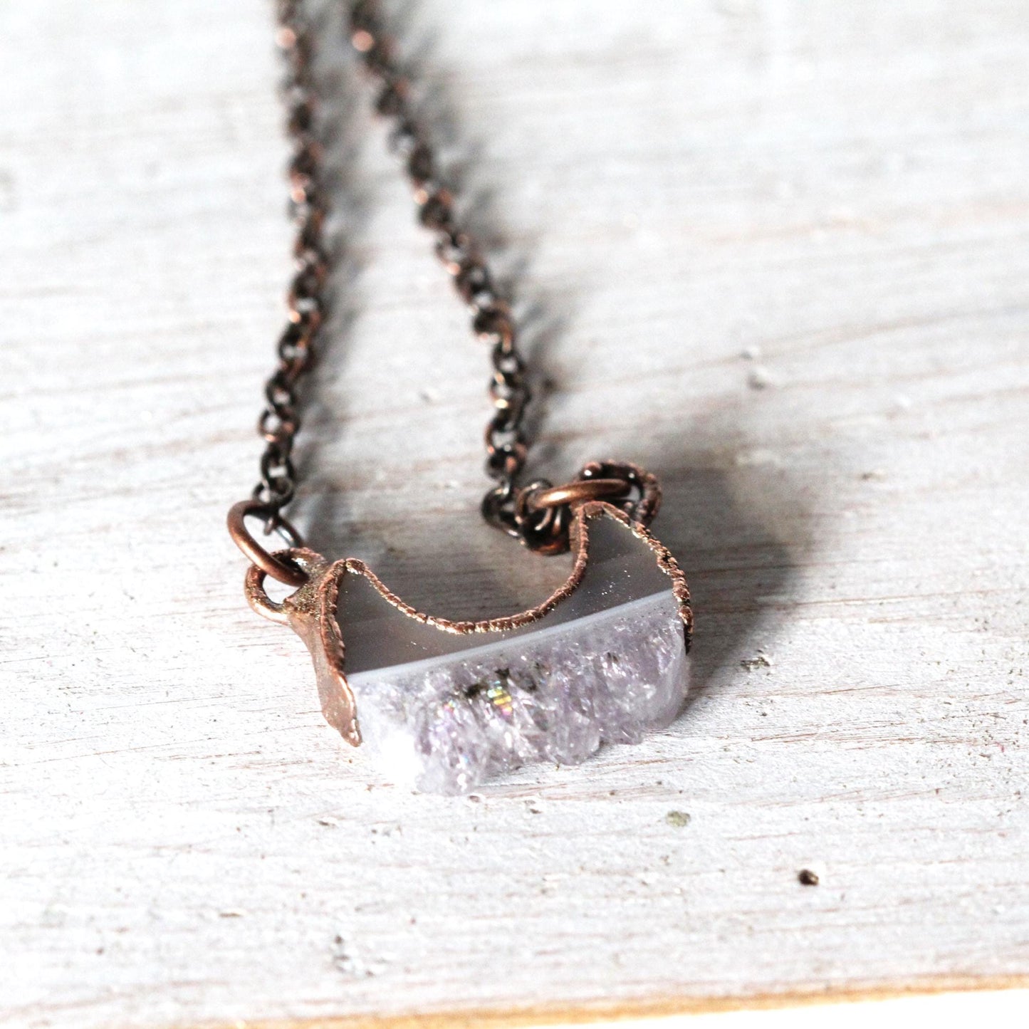 Raw Amethyst Necklace - Crystal Pendant - Half Moon Pendant - Druzy Crystal - Crescent Moon