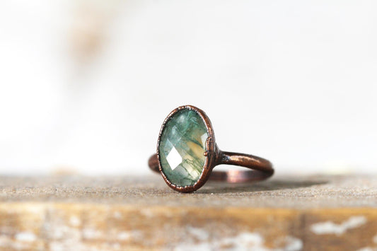Moss Agate Ring - Faceted Oval Stone - Electroformed Jewelry