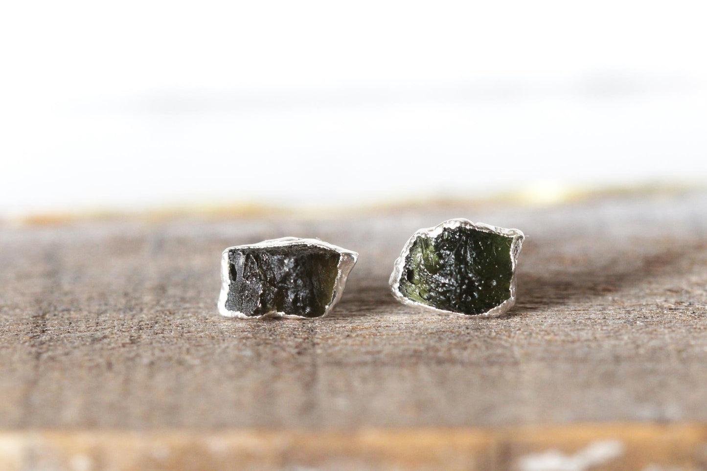 Moldavite Earrings - Sterling Silver Posts - Green Crystal Stud Earrings - Gold Moldavite Posts