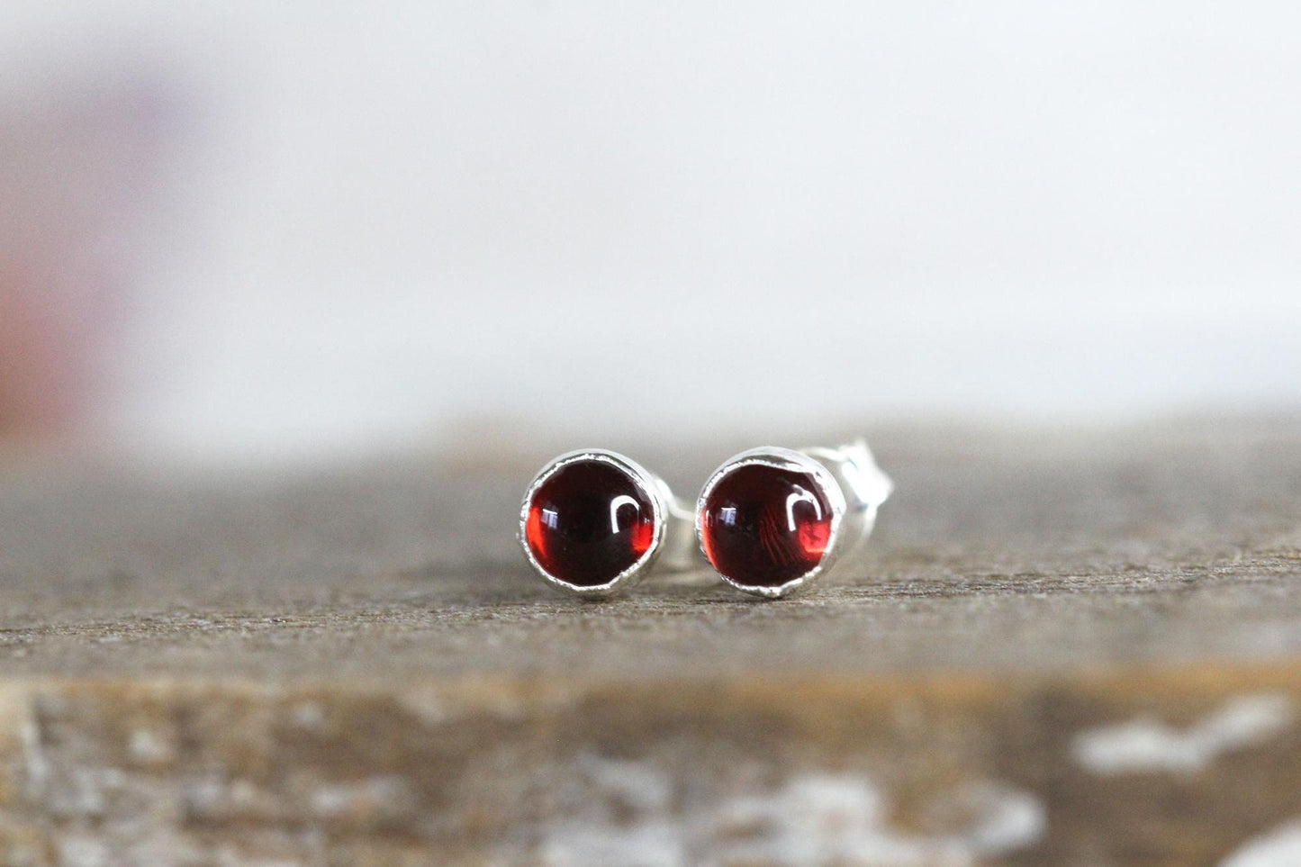 Garnet Earrings - Polished Red Stone Earrings - Sterling Silver Earrings - Red Crystal Earrings