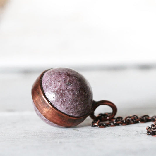 Lepidolite Necklace - Sphere Pendant - Electroformed Copper Jewelry