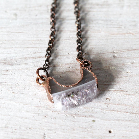 Raw Amethyst Necklace - Crystal Pendant - Half Moon Pendant - Druzy Crystal - Crescent Moon