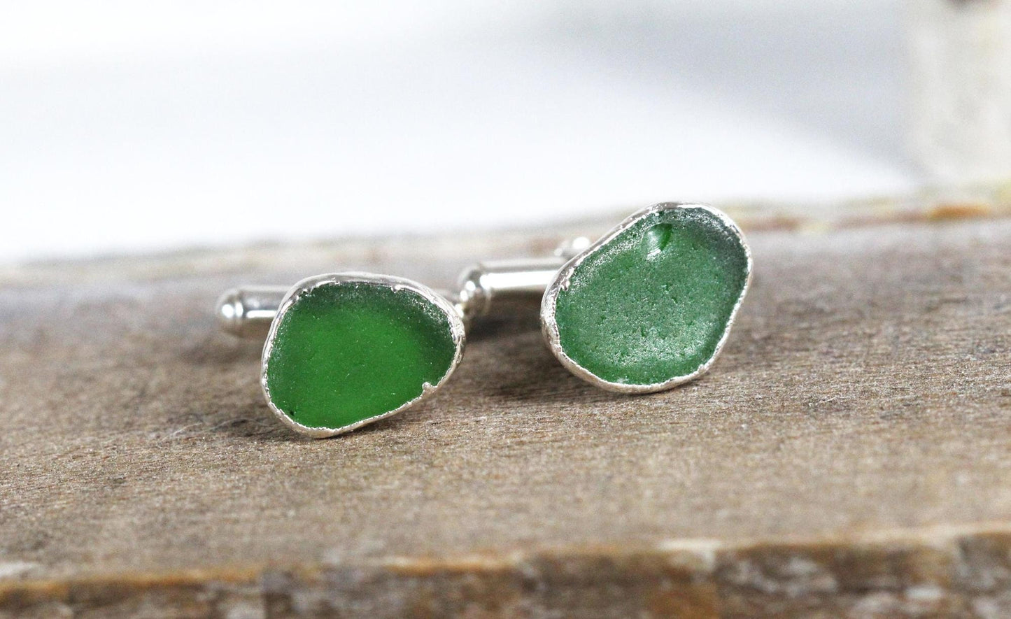 Beach Glass Cufflinks - Gift for Dad - Green Seaglass Cuff Links