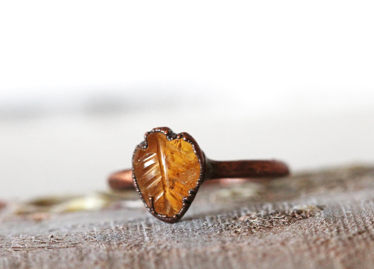 Citrine Leaf Ring - Carved Stone - Crystal Ring - November Birthstone Jewelry