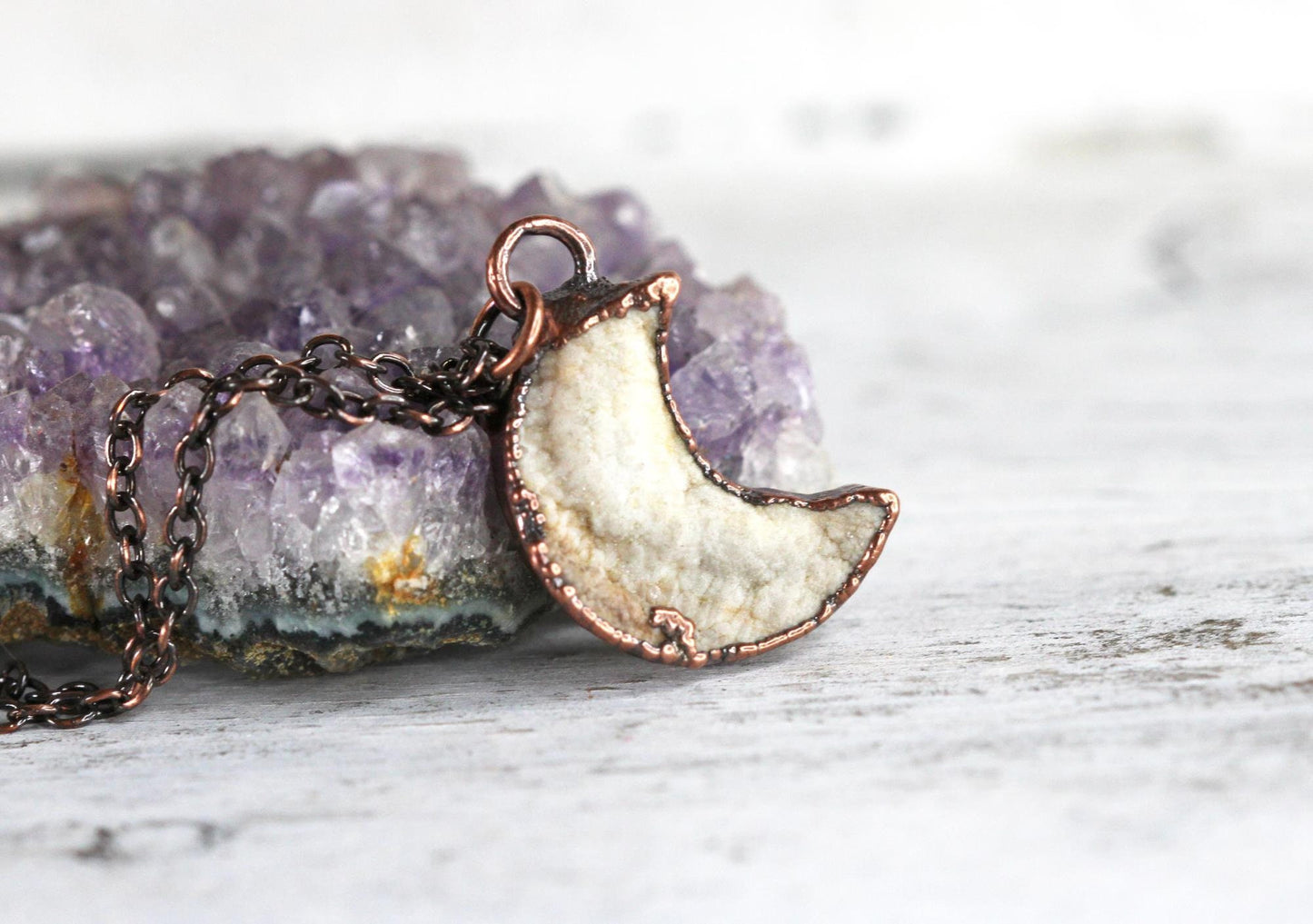 Crescent Moon Necklace - Raw Crystal Pendant - Half Moon Necklace - Druzy Crystal - Crescent Moon Jewelry