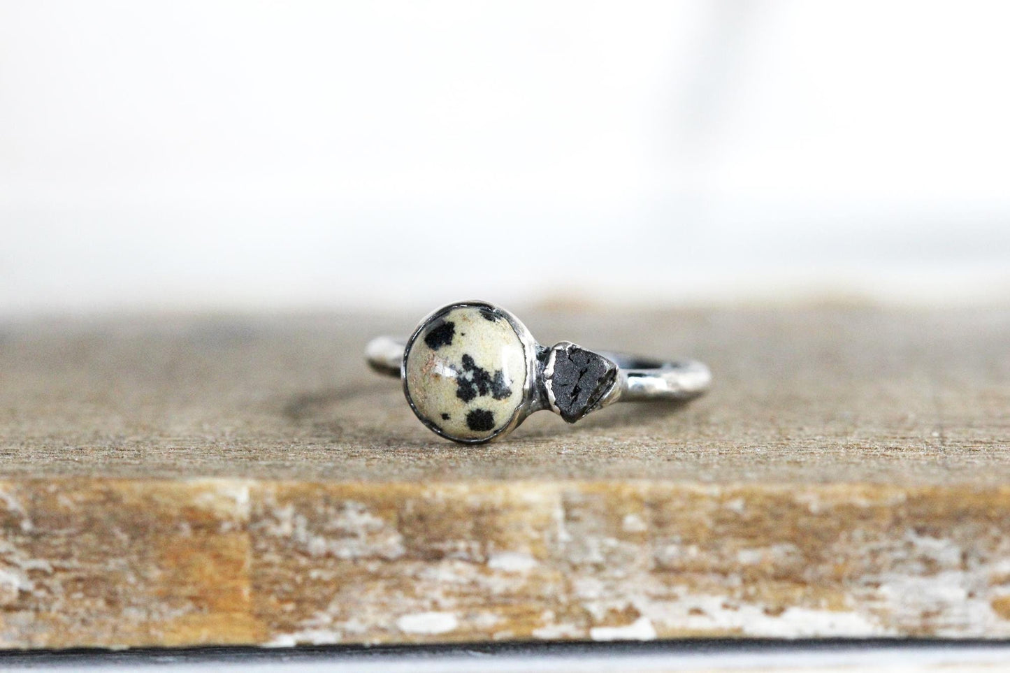 Dalmatian Jasper Ring  - Raw Black Onyx - Gold Vermeil Jewelry
