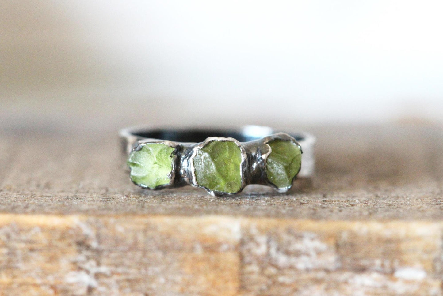 Raw Peridot Ring - August Birthstone - Wide Band - Multi Stone Ring