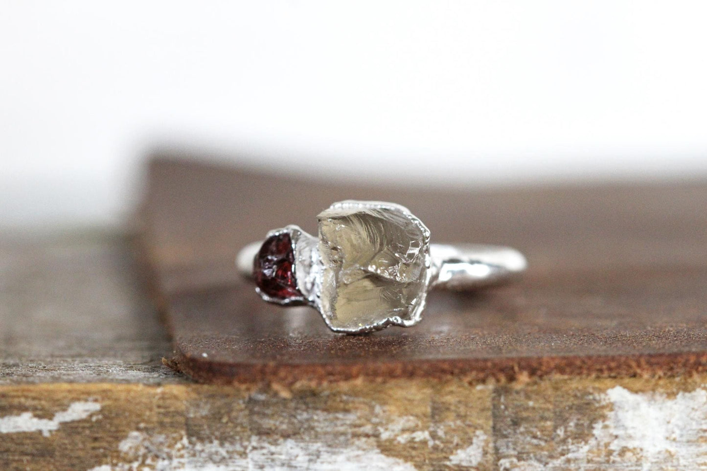 Raw Smoky Quartz Ring - Double Stone - Raw Garnet - Pure Silver Jewelry