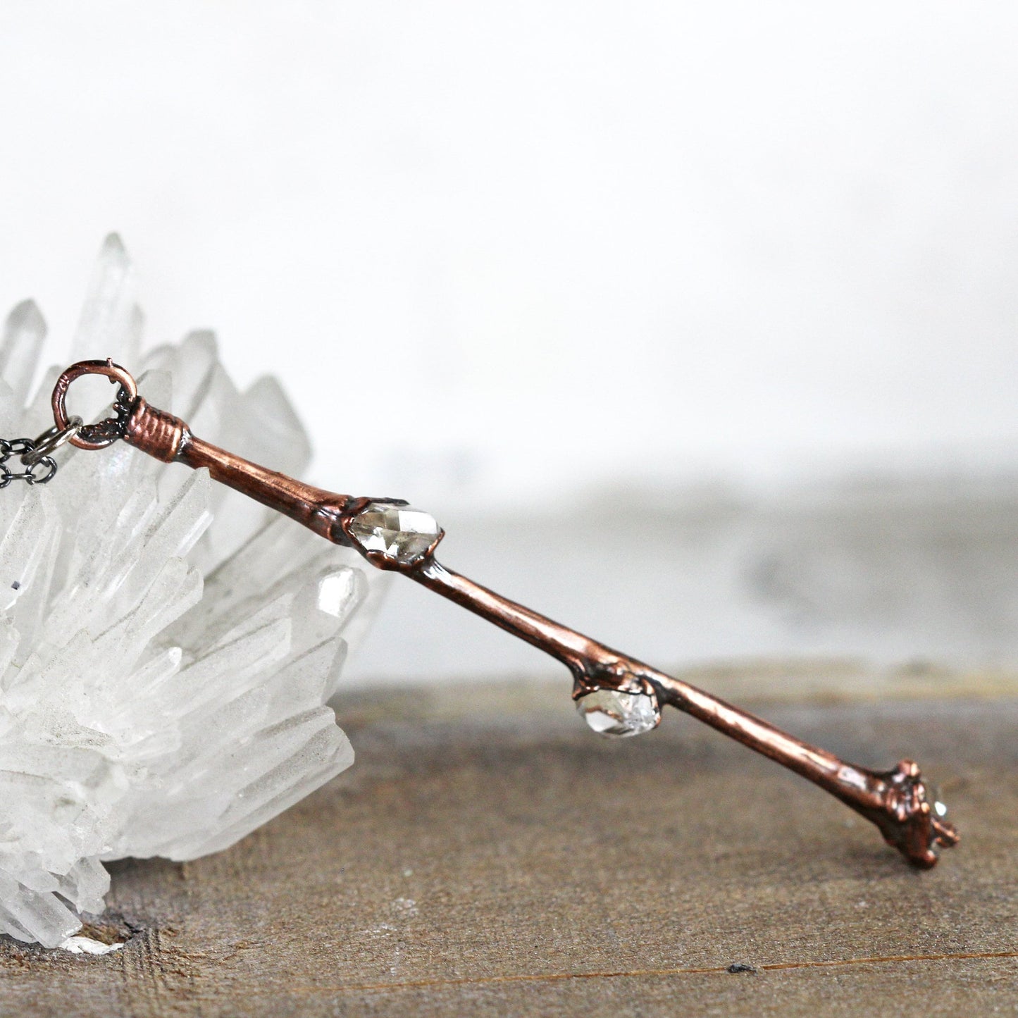 Mini Wand Necklace - Real Branch Necklace - Herkimer Diamond Pendant - Crystal Wand Pendant - Fairy Jewelry - Hedgewitch