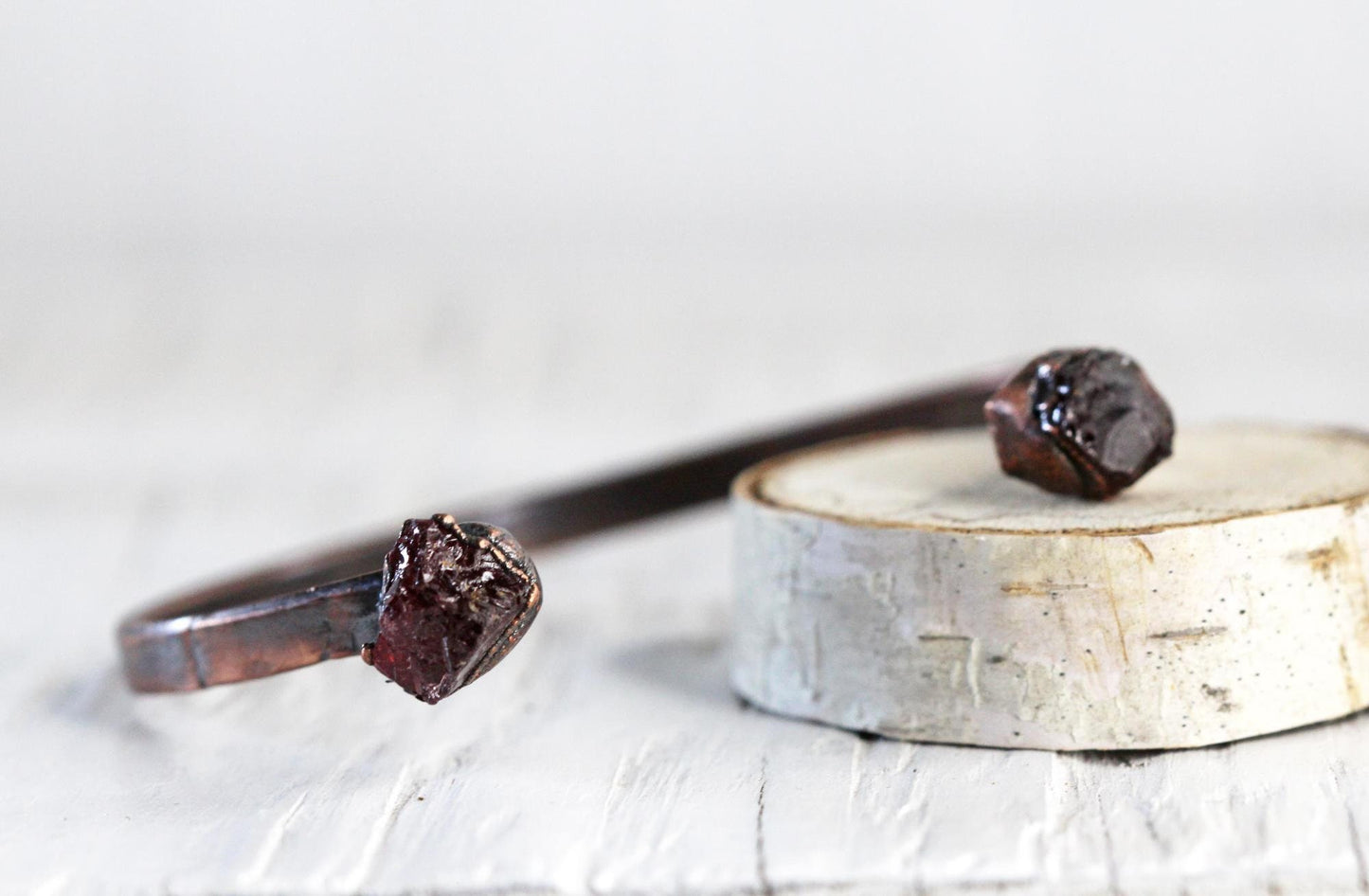 Raw Garnet Bracelet - January Birthstone - Open Copper Cuff - Raw Crystal Bracelet - Double Stone Bracelet